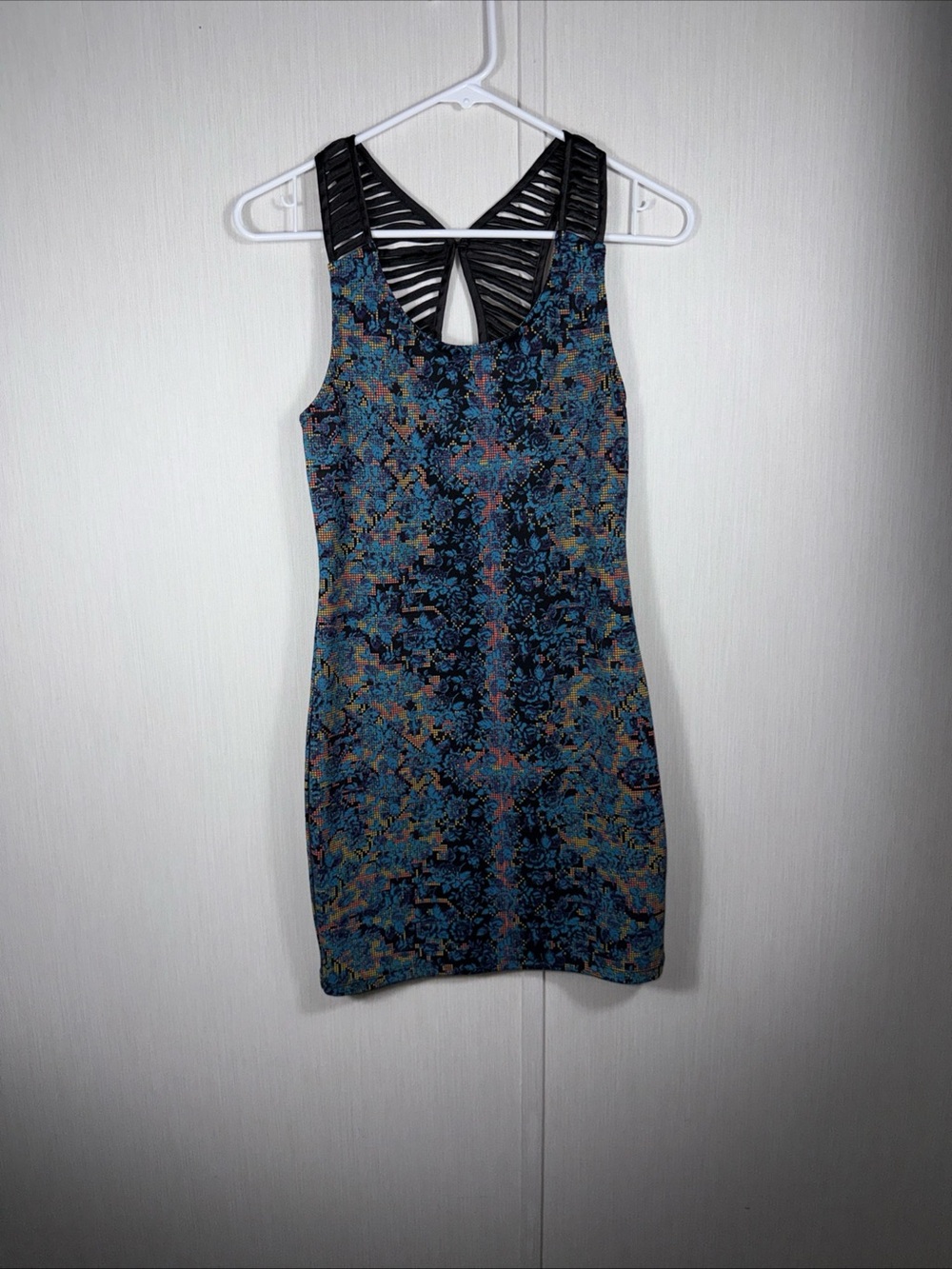 Free People XS Tapestry Print Dress Digital Damsel Black Satin Lattice Back